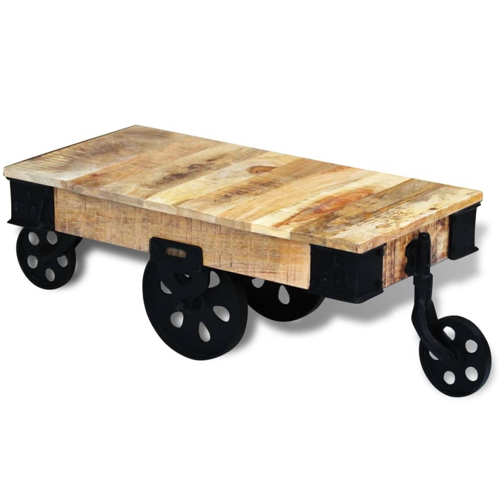 Table basse roues en Bois de manguier brut