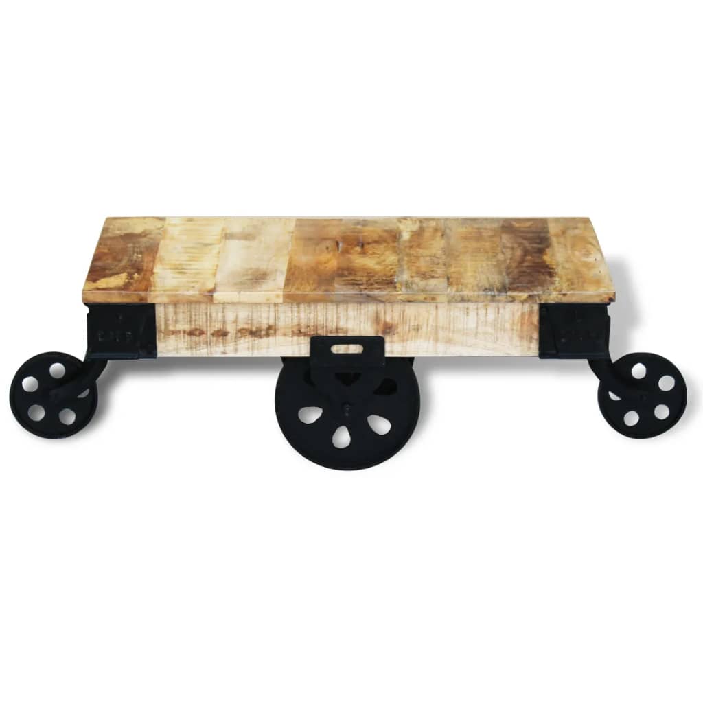 Table basse roues en Bois de manguier brut
