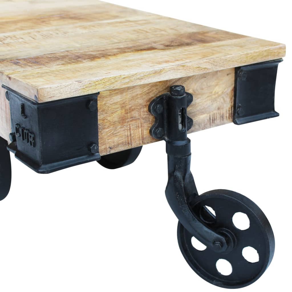 Table basse roues en Bois de manguier brut