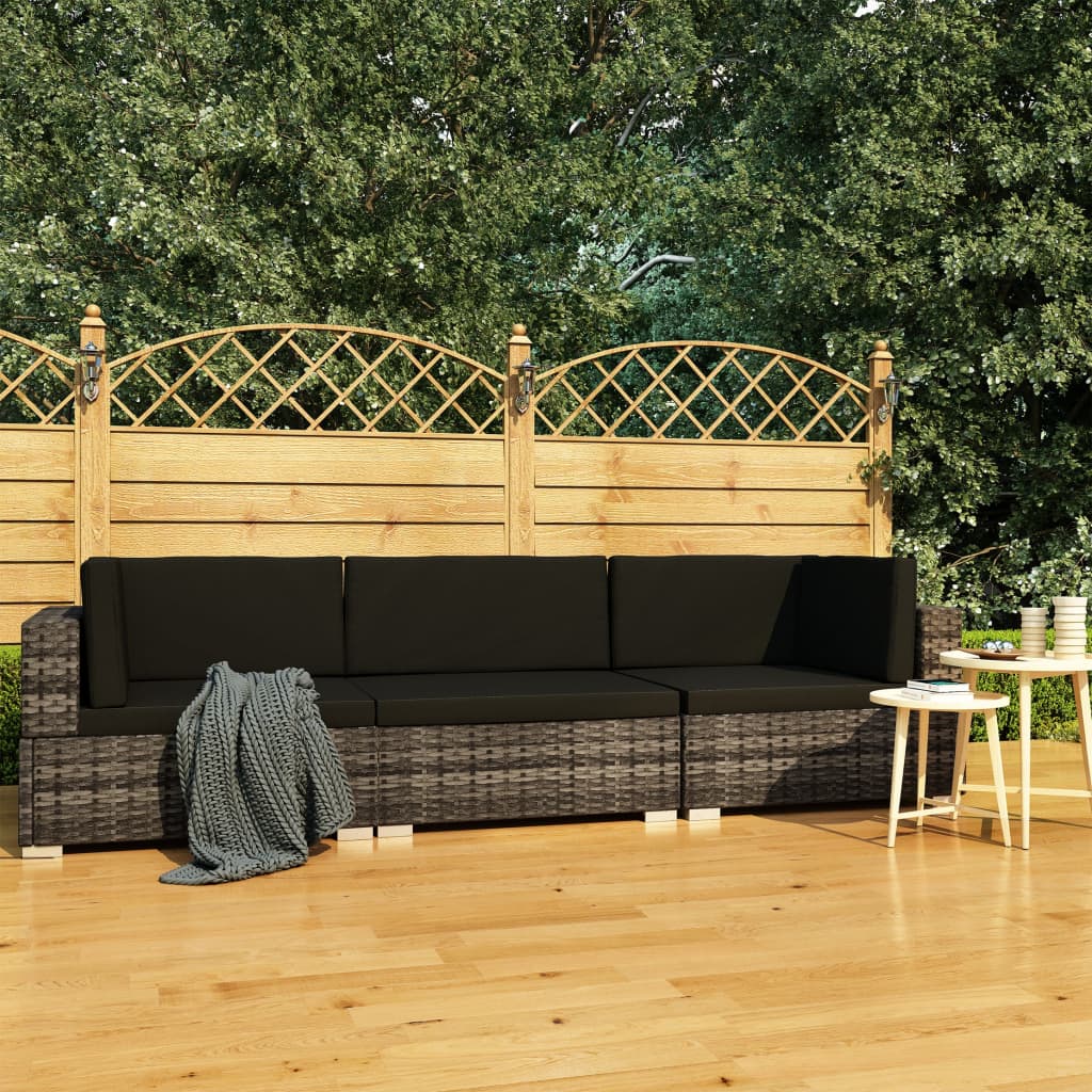 Salon de jardin avec coussins 3 pcs résine tressée gris