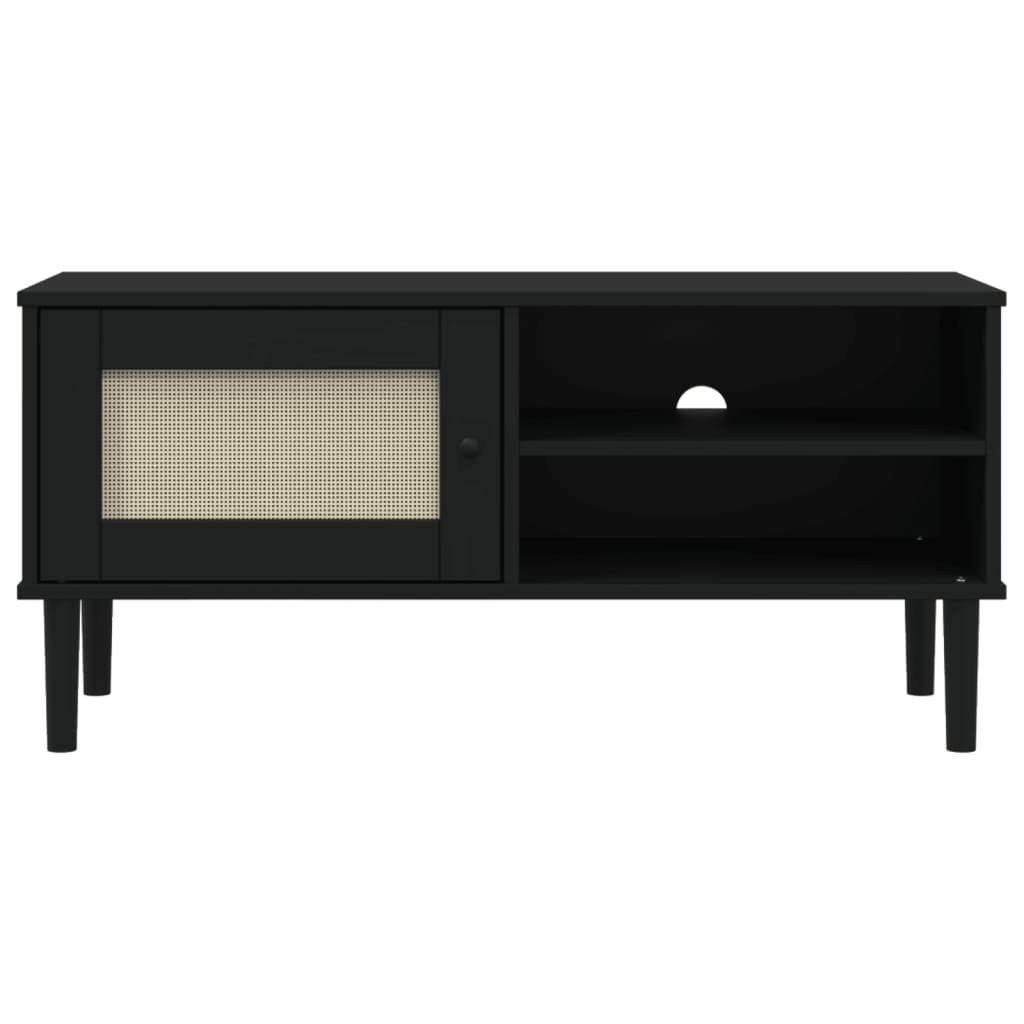 Meuble TV aspect rotin noir bois massif pin