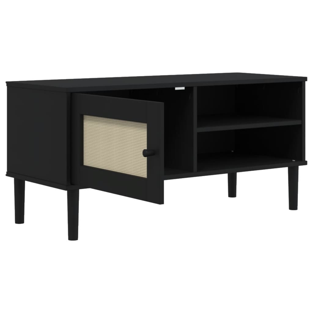 Meuble TV aspect rotin noir bois massif pin