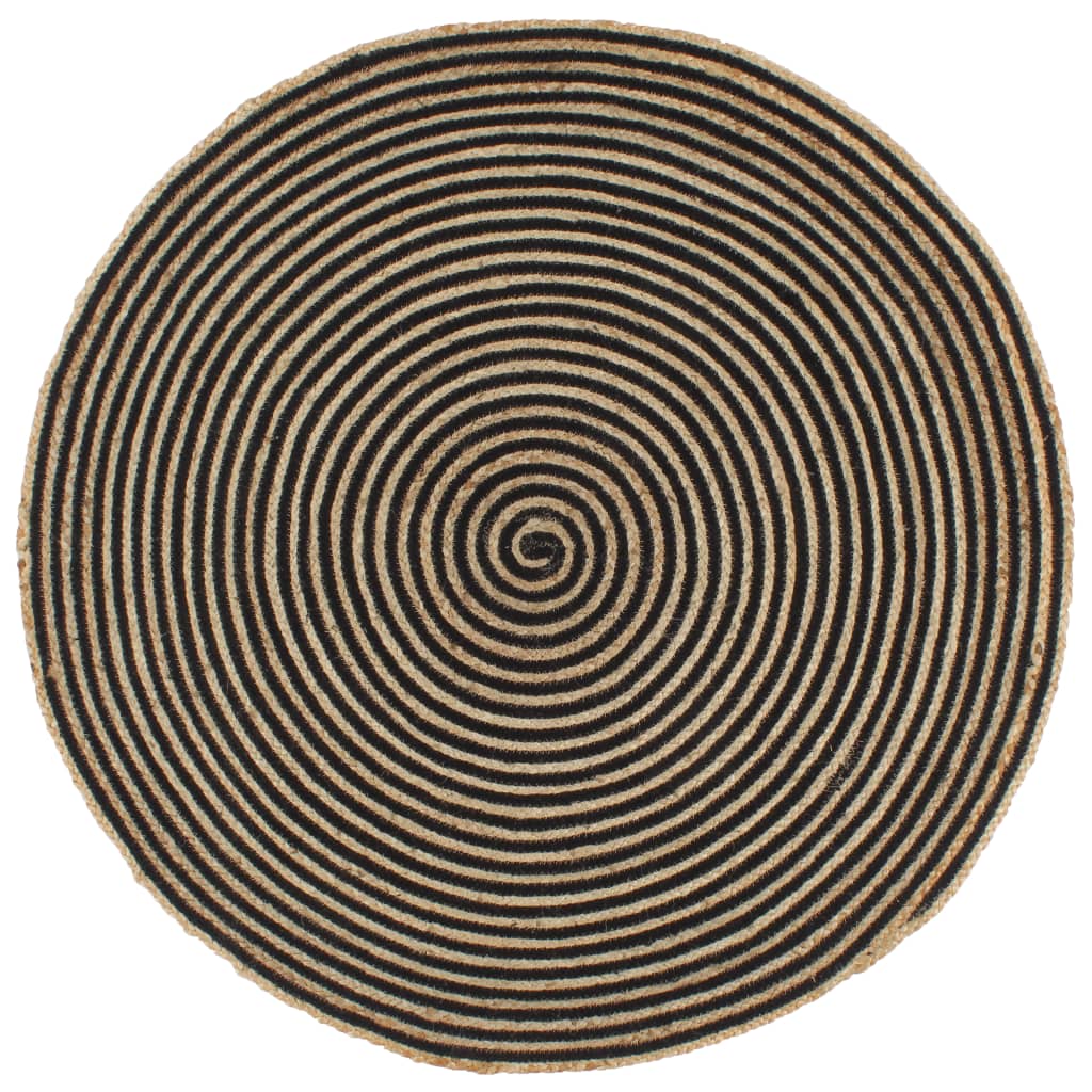 Tapis fait à la main Jute avec design de spirale Noir 120 cm