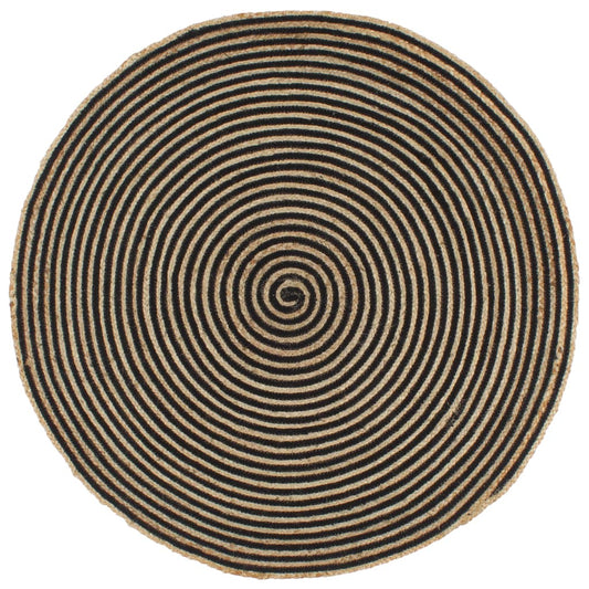 Tapis fait à la main Jute avec design de spirale Noir 120 cm