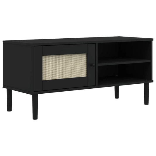 Meuble TV  aspect rotin noir  bois massif pin