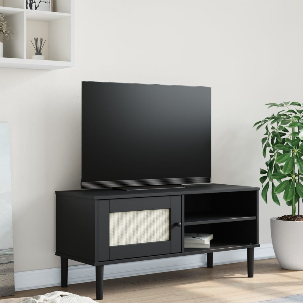 Meuble TV  aspect rotin noir  bois massif pin