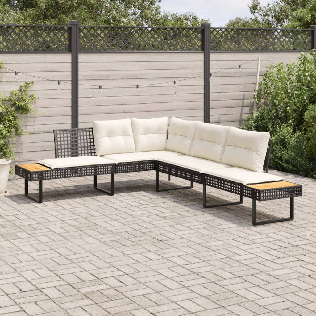 Canapé de jardin avec coussins en  noir rotin et acacia