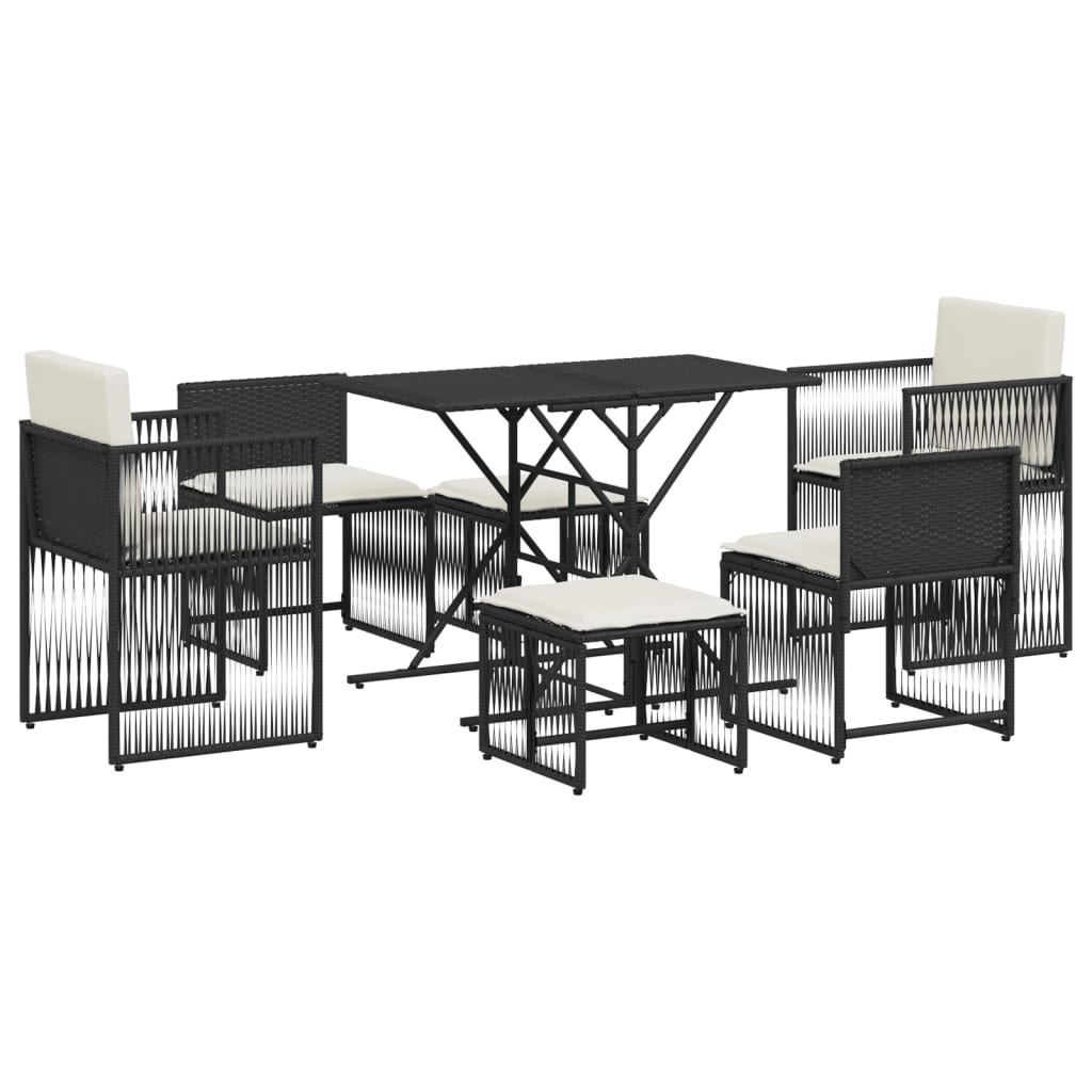 Ensemble à manger de jardin coussins 7 pcs noir résine tressée